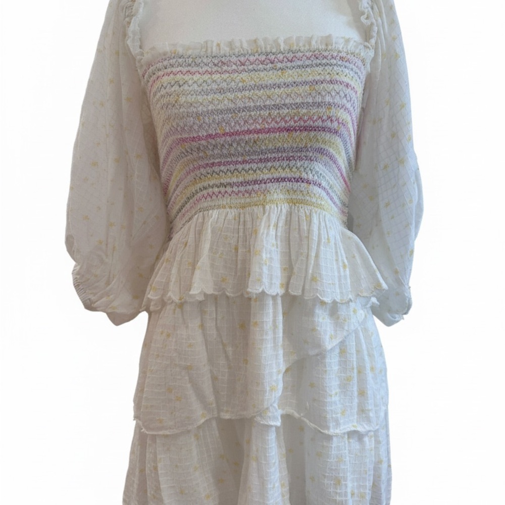 LoveShackFancy White Smocked Mini Dress Size S Cotton Ruffle